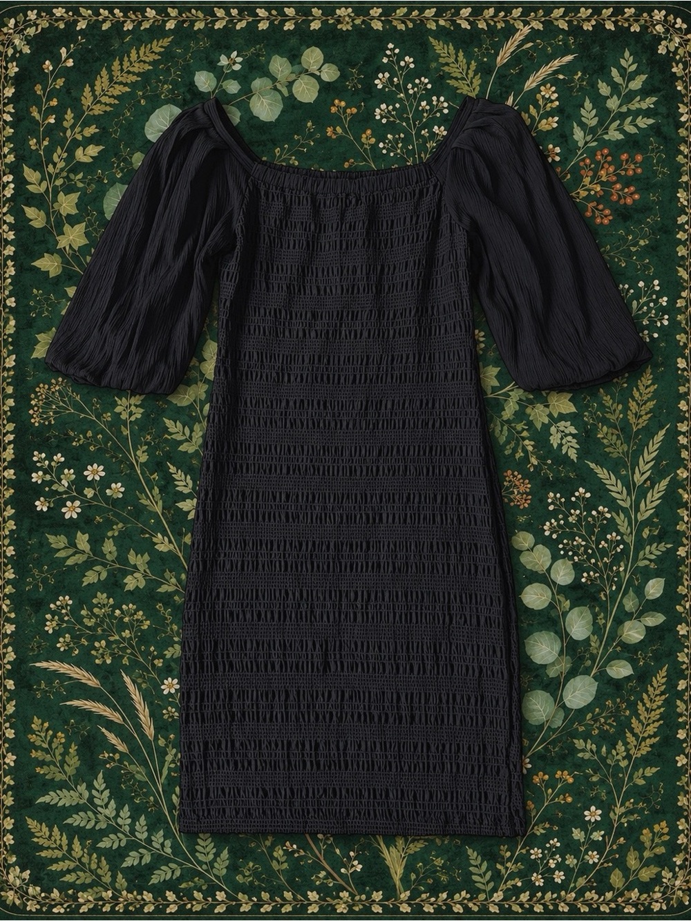 Culture Woman Black Smocked Bodycon Puff Sleeve Midi Dress SMALL Whimsigoth